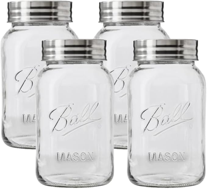 Ball Regular Mouth Glass Mason Jars with Lids and Bands, Used for Canning (Quart, 32 Ounce (Pack of 4))