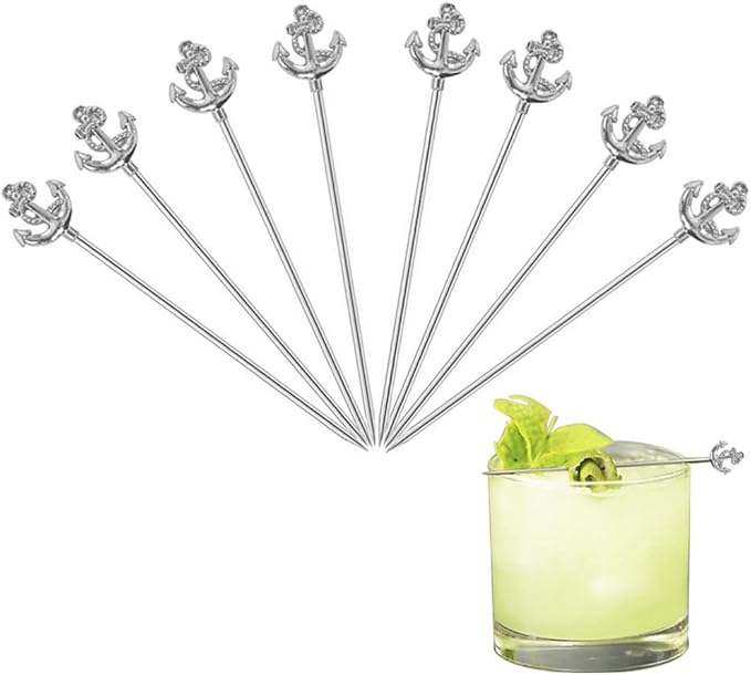 RRRuo Anchor Cocktail Picks Reusable Stainless Steel Cocktail for Appetizer Olives Sandwiches Cherries Garnish Forks Fruit Skewers Toothpicks 8 pieces (Silver)