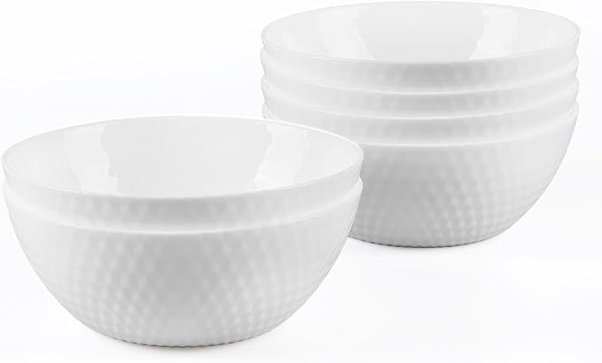20 OZ Max White Opal Glass Cereal Bowl Set of 6, Thin Light & Durable 6 inch Dishwasher & Microwave Safe Round Geometric Faceted Bowls for Kitchen, Salad, Soup and Rice