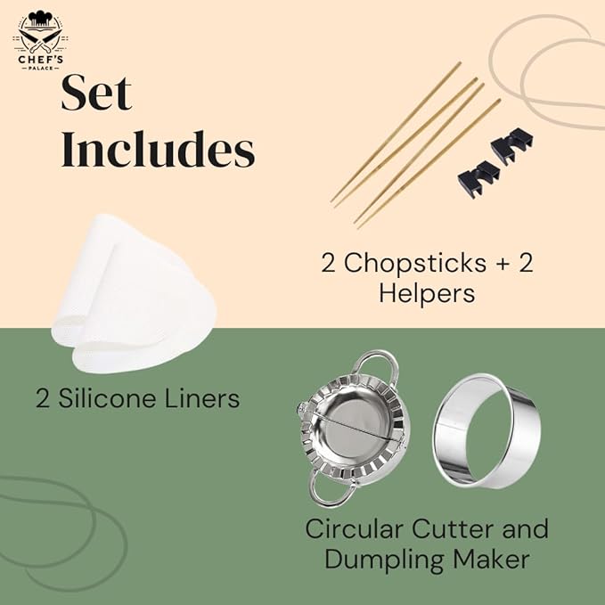 Chef's Palace Bamboo Steamer Basket | 10 Inch 2 Tier Dumpling, Rice and Vegetable Steamer | Chopsticks and Chopsticks Helpers, Silicon Liners, Ring Adapter, Dumpling Helper and Instructions Manual.