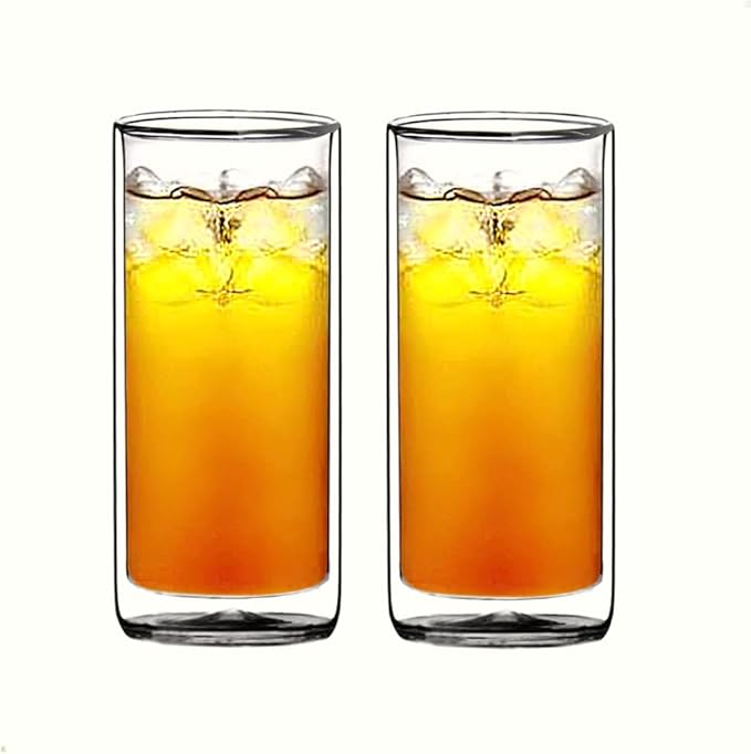 Sun's Tea Double Wall Insulated Glass Tumbler, 16oz (450ml) Highball Glass Cups for Beer, Lemonade, Iced Tea, Tropical Drink, Cocktail, Smoothie, Mojito and Mixed Drinks, Set of 2 - Collins Style