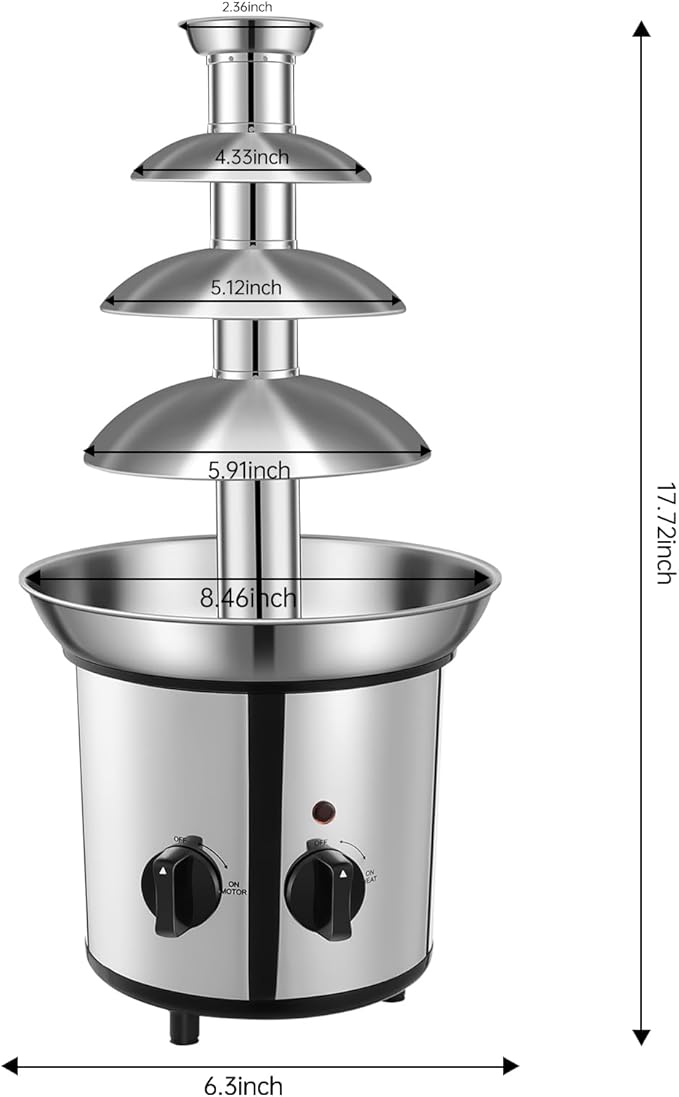Chocolate Fountain Machine – Electric Stainless Steel Fondue Fountain, 4-Tier, 4-Pound Capacity for Chocolate, Candy, Butter & Cheese, Heated Bowl & Dual Controls