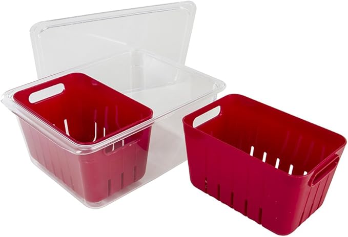 Kitchen Spaces Twin Colander Food Storage Container, Strainer and Fridge Organizer Bin for Fruits and Veggies, Stackable, BPA-Free