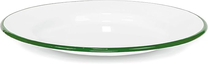 Red Co. Set of 4 Enamelware Metal Classic 10" Round Dinner Plate, Solid White/Dark Green Rim
