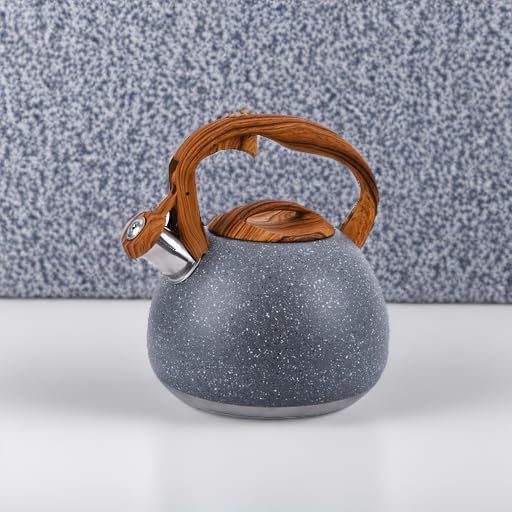 Tea Kettle, 3.2 Quart Whistling Tea Kettle Stovetop, Tea Pots for Stove Top Food Grade Stainless Steel with Wood Pattern Handle, Grey Teapot