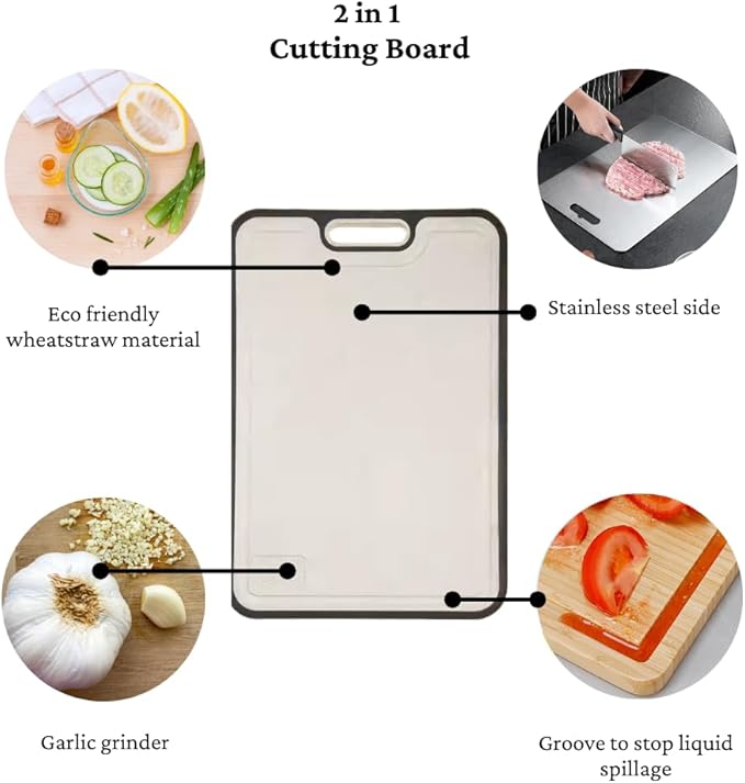 Aptus Cutting Board Double Sided, Large Size 16”×11”, 304 Stainless Steel Chopping Board for Kitchen, Food Grade Wheat Straw PP, Easy to Clean, Light weight