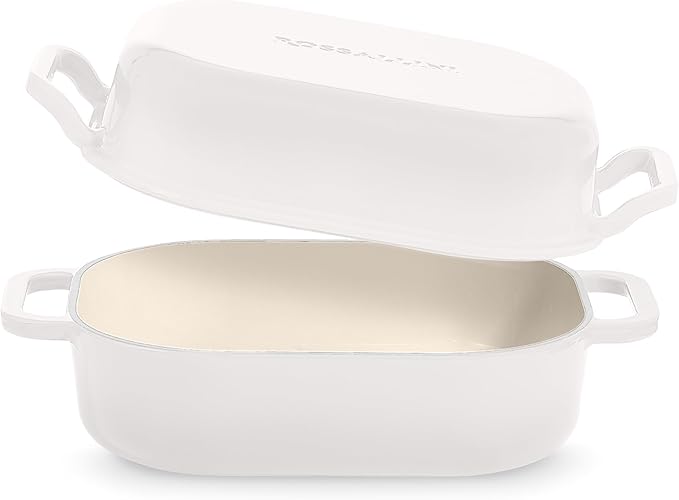 Signature Enameled Cast Iron Sourdough Bread Oven | Non-Stick with Tight Fitting Lid for Perfect Baking and Bread Making | 6QT Rectangle Oven With Lid [White]