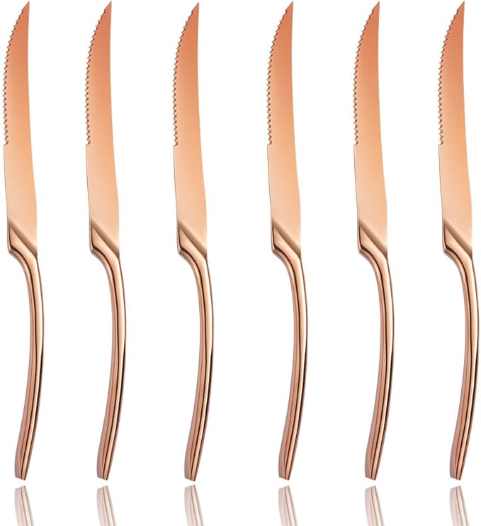 Lemeya Stainless Steel Rose Gold Steak Knives Set of 6,Forge Steak Knife,Serrated Steak Knives Set,6 Piece Heavy Steak Knives-10 inch,Mirror Polished,Dishwasher Safe