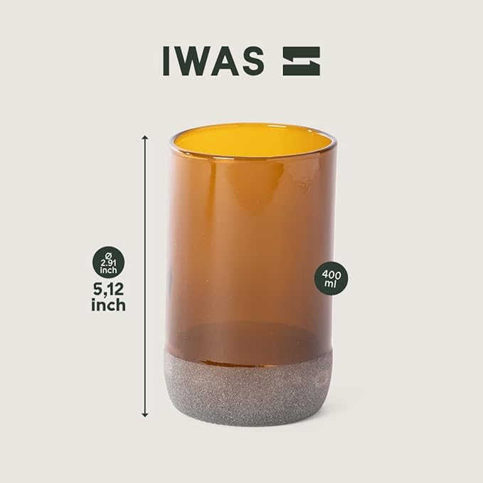 IWAS Upcycled Tall Auburn Drinking Glasses | 350 ML | 12 OZ | Set of 6 | Sustainable Water and Juice Glass For Home | Light Brown Cup | Thick High Ball Modern Amber Glassware | Better Than Recycled