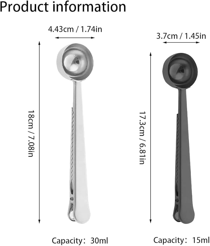 Coffee Scoop,Stainless Steel Coffee Scoop Clip,Coffee Spoon Measuring,for Ground Coffee and Beans,Set of 2(15ml/Black+30ml/Silver).