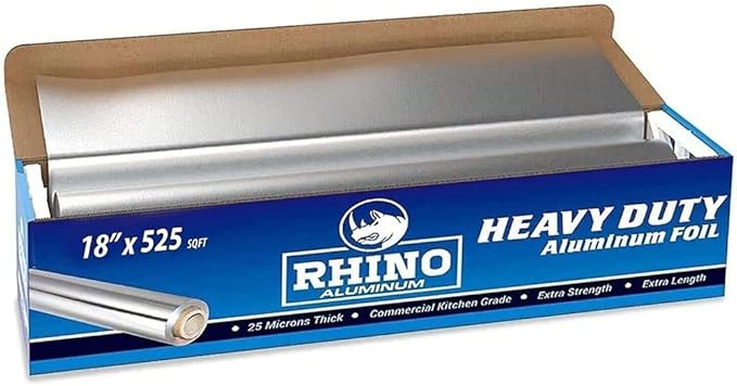 Rhino Aluminum Heavy Duty Aluminum Foil - 18 x 525 sf Roll, 25 Microns Thick - Commercial Grade & Extra Thick, Strong Enough for Food Service Industry (Pack of 1)