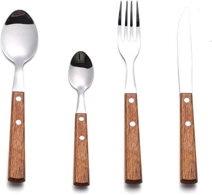Forks and Spoons Silverware Set, HAPPY KIT Wooden Handle Flatware Set 8-Piece (2 Sets) 18/8 Stainless Steel Cutlery Set Wooden Spoons Dinner Knife Dinner Fork and Spoon Set