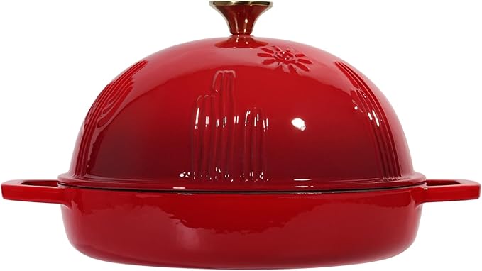Cast Iron Bread Oven With Cloche Lid for Baking - Red Enameled Dutch Oven With Dome Lid for Sourdough - 5 qt