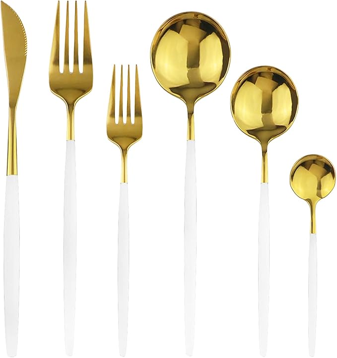 36-Pieces Silverware Mirror Polished Dinnerware Gold Flatware With White Handle, 18/0 Stainless Steel Cutlery Set For Home Kitchen Party Hotel Restaurant Wedding Service for 6