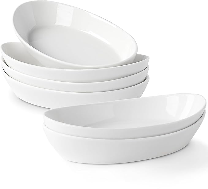Au Gratin Baking Dishes for Oven Safe, Porcelain Mini Casserole Dish (6pc Set). 10oz Individual Gratin Dishes Set, Ceramic Small Baking Dish for Single Serving, Banana Split Bowls, 7.6x4.4in