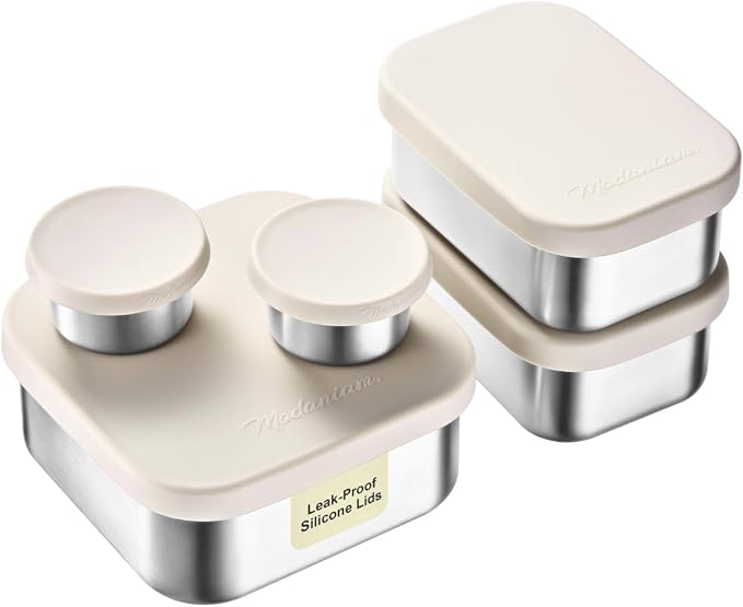 Flexibento - Leak proof Stainless Steel Lunch Box | Lunch Containers with Lids | Steel Bento Box |Metal lunch Box|1*25 OZ+ 2*13 OZ + 2 *2 OZ| Set Of 5 |Vanilla (Vanilla 52 Oz Set (set of 5))