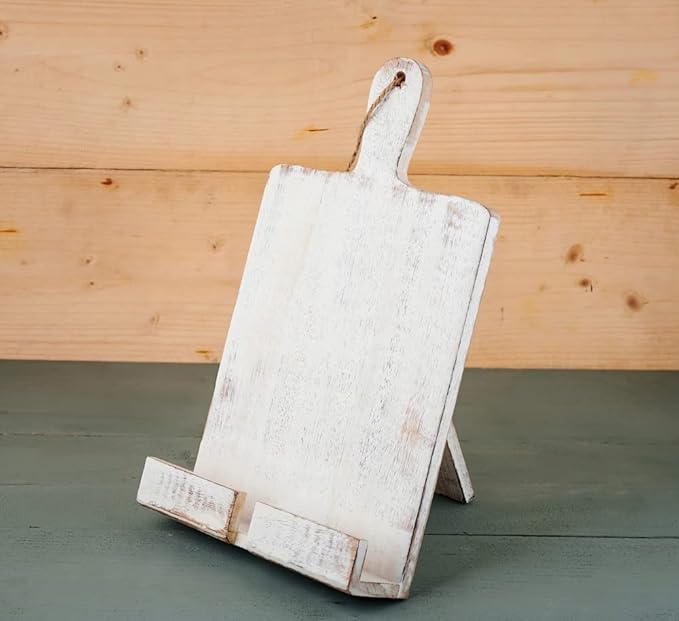 Wedding Gift Wooden Cookbook Stand Chopping Board Style Foldable Recipe Book Stand Holder Easel for Kitchen Text Book Tablet L 9.5 x B 1.5 x H 14 inches (White)