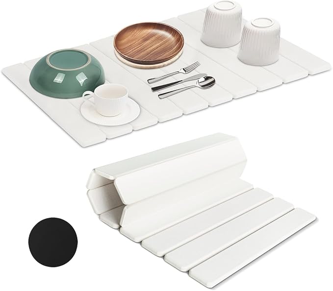 Large Stone Drying Mat for Kitchen Counter | Premium Diatomaceous Earth Coaster Set for Dishes | Non-Slip Kitchen Sink Mat | Fast-Absorbing, Eco-Friendly | 23" x 15.5" (Modern White)