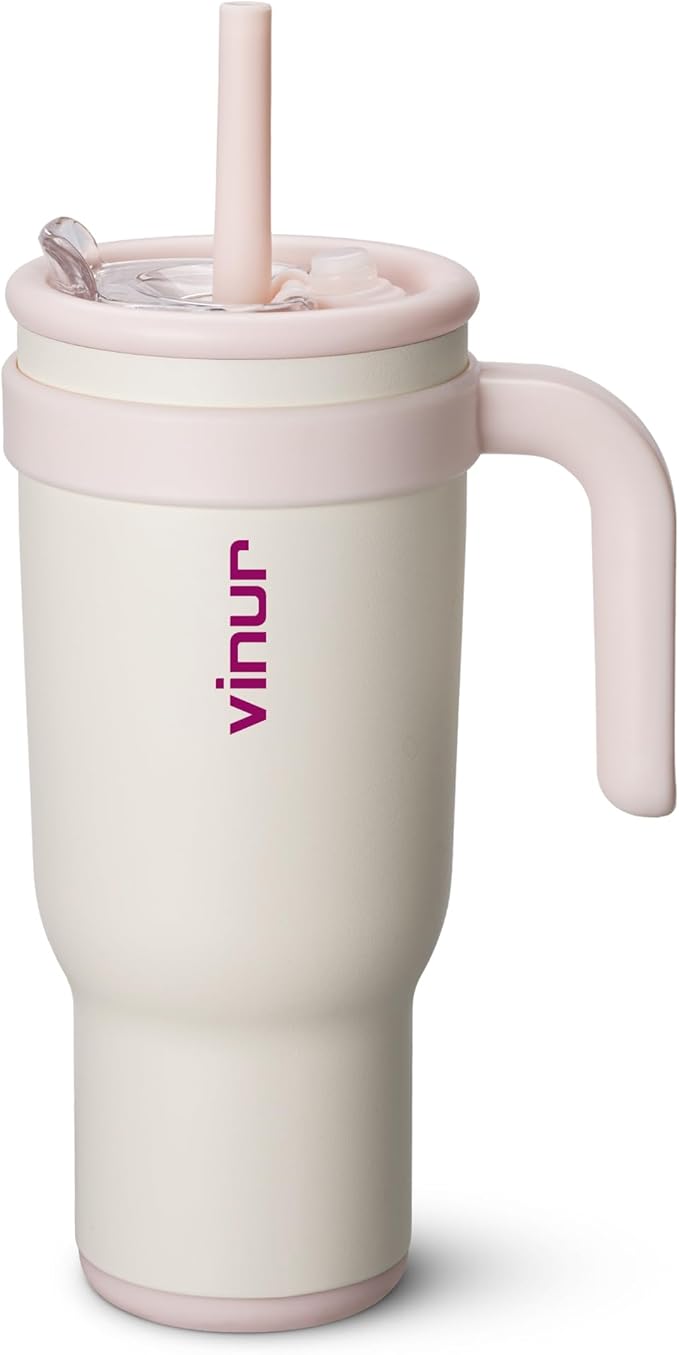 VINUR 40 oz Insulated Tumbler with Handle|Leak-Proof Lid|18/8 Stainless Steel Vacuum Coffee Mug Cup for Travel with Rubber Base | Cup Holder Friendly| Gifts for Women, Cream