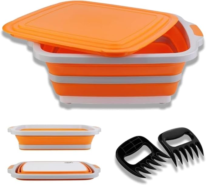 Collapsible BBQ Prep Tub(4.22 Gal/16L), Large BBQ Prep Tub with Lid & 2 Pcs Meat Shredder Claws, Foldable Marinating Food Storage, Multifunction Cutting Board, Barbeque Marinate Storage, Resting Meat