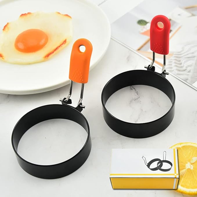 4 Pack Egg Rings,Stainless Steel Frying Ring Tool Non Stick Egg Frying Rings with Folding Handles and Oil Brush for Cooking Breakfast Sandwich Burger(COLOR:black)