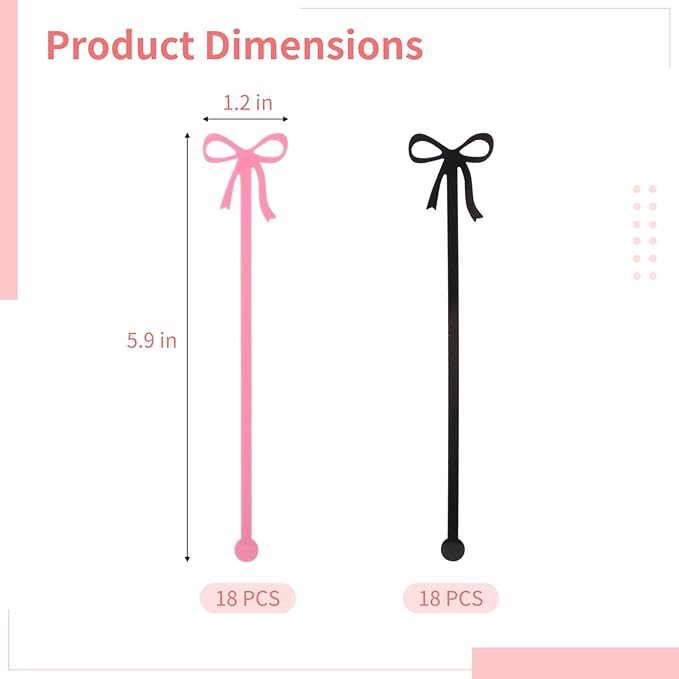 36Pcs Acrylic Bow Drink Stirrers, Acrylic Swizzle Sticks with Coquette Pink and Black Bows, 5.7 x 1.2 in Cocktail Stirrers for Wedding, Birthday, Holiday, Bow-Themed Party Drink Decoration