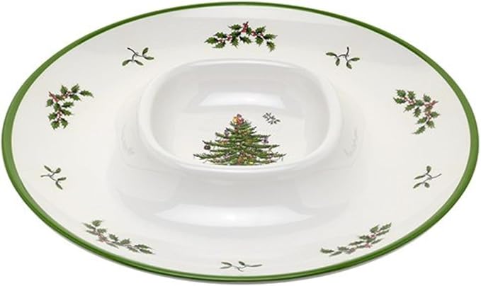 Spode Christmas Tree Melamine Chip and Dip - 14-Inch Serving Platter for Cheese, Appetizers, Chips, Salsa - Durable, Shatterproof, Dishwasher Safe - Ideal for Indoor & Outdoor Holiday Entertaining