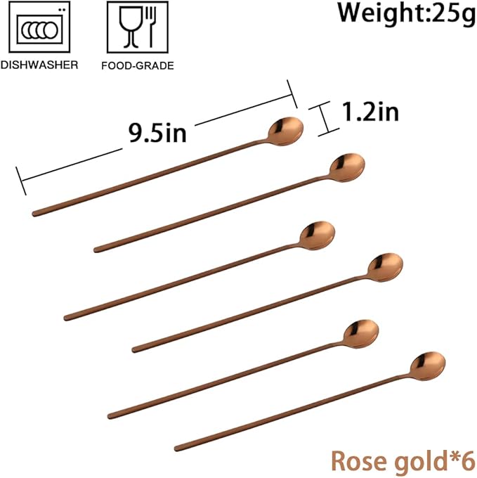 Sweejar 9.5-Inch Long Handle Ice Tea Spoons, Ice Cream Spoon, Coffee Spoon, 18/8 Stainless Steel Spoons for Cocktail Stirring, Mixing, Tea, Pack of 6 (Rose gold)