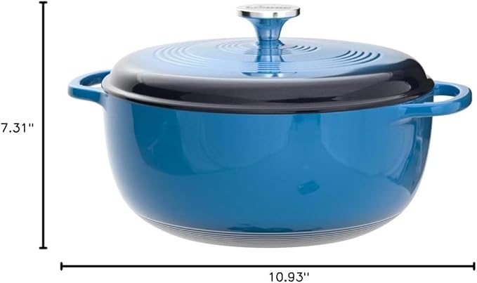 Lodge 6 Quart Enameled Cast Iron Dutch Oven with Lid – Dual Handles – Oven Safe up to 500° F or on Stovetop - Use to Marinate, Cook, Bake, Refrigerate and Serve – Blue