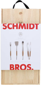 Schmidt Brothers - BBQ Bonded Teak 4 Piece Grilling Accessory Set, Full-Forged Stainless Steel Grilling Utensils Including Spatula, Fork, Basting Brush, and Tongs with All Wood Handles