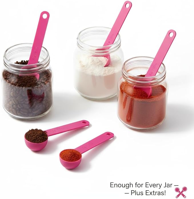 5g Plastic Measuring Spoons (10ml) – Pack of 5 mini Scoops for Protein Poweder, Creatine, Coffee, Lab, Baking, Laundry, Canisters, Dry Goods – 1 Teaspoon Measuring Spoons (tsp), Pink