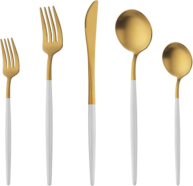 40 Pieces Matte White&Gold Silverware Set, Stainless Steel White&Gold Flatware Set for 8, Satin Finish Spoons and Forks Silverware Set, White&Gold Cutlery Utensils Set, Dishwasher Safe