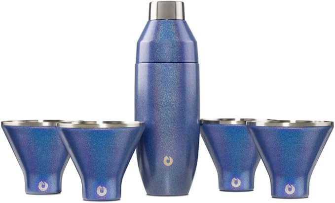 Snowfox Premium Vacuum Insulated Stainless Steel 22oz Cocktail Shaker and 4 Martini Glass Set, Home Bar Accessories, Elegant Drink Mixer, Leak Proof Lid & Built In Strainer, Gift Box, Shimmer Blue