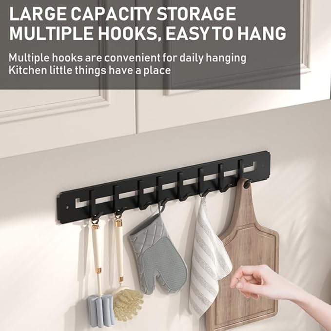 Adjustable Wall Mount Utensil Rack, Black Metal,8 Movable Hooks, 17.32x1.85 Inch, for Kitchen, Bathroom Storage