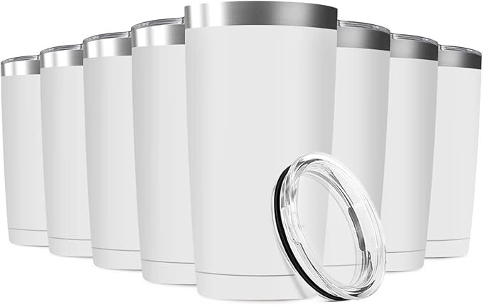 8 Pack 20oz Tumbler Vacuum Insulated Travel Mug with Lids, Stainless Steel Double Wall Bulk Cup for Home, Office, Outdoor Suitable for Vehicle Cup Holders(White)
