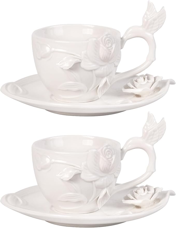 KAMMAK Tea Cups and Saucers Set of 2, Porcelain Coffee Cups, 8.5-Ounce Stackable Espresso Mugs, Ceramic Demitasse for Coffee, Latte, Americano, Tea, Cubic Rose