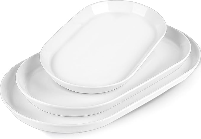Large Serving Platter - 16"/14"/12" Oval Serving Tray, Ceramic Turkey Platters for Entertaining, Christmas Party, Set of 3, White