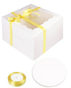 qiqee 10x10x5 Cake Box, 18 Sets White Cake Box with Window ＆ 18 Sets 10" White Cake Round Boards, 10inch Cake Containers, 10 Meters Gold Silk Ribbon