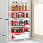 Royali Spice Rack for Refrigerator - Magnetic Fridge Shelf, Kitchen Spice Organizer, Space Saving, Red, 4 Pack With Magnetic Paper Towel Holder