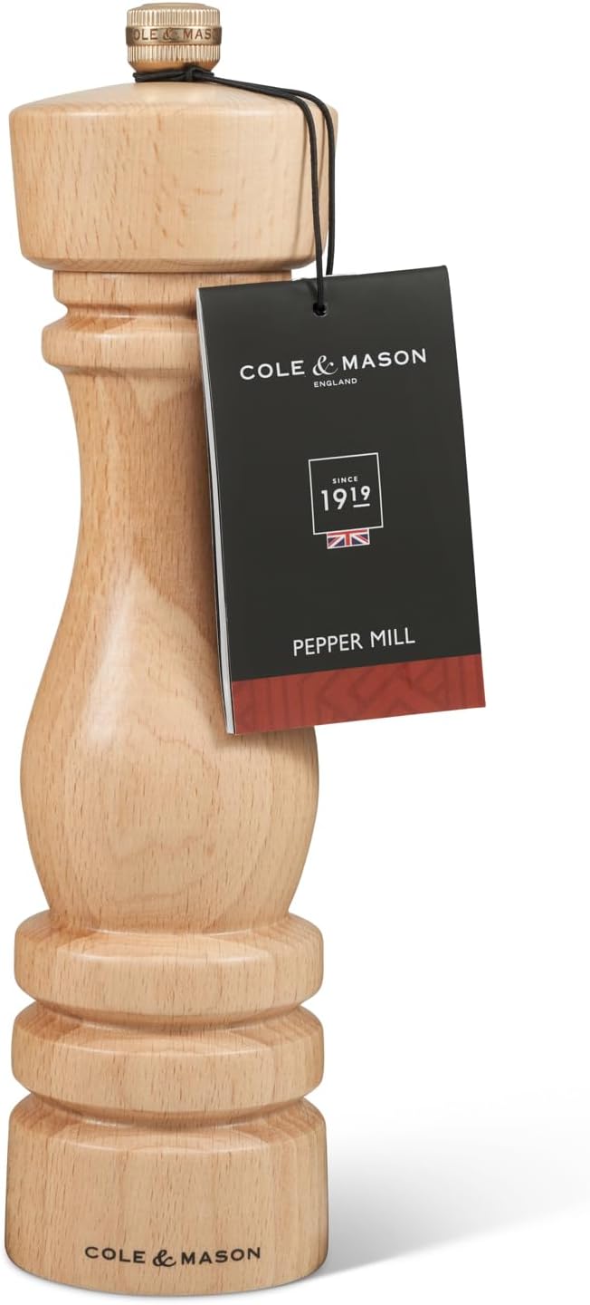 Cole & Mason London Refillable Spice Mill - Kitchen & Home Accessory - Table Black Pepper Grinder - Pepper Mill with Carbon Steel Mechanism - 8", Natural Beech