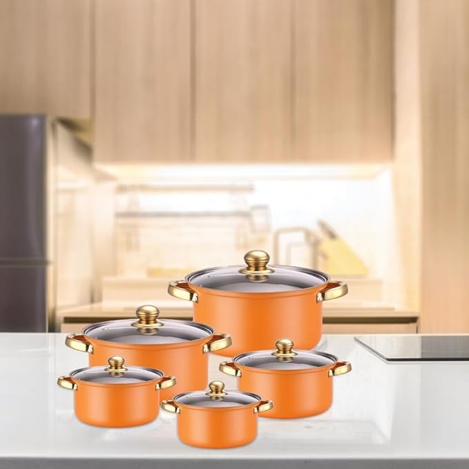 10PCS Stainless Steel Cookware Sets Nonstick Cookware Pot Dishwasher Safe Pots with Glass Lids for Soup, Pasta, Stew, Rice, Healthy Everyday Use for Gas Electric Halogen Ceramic Induction Hobs 06