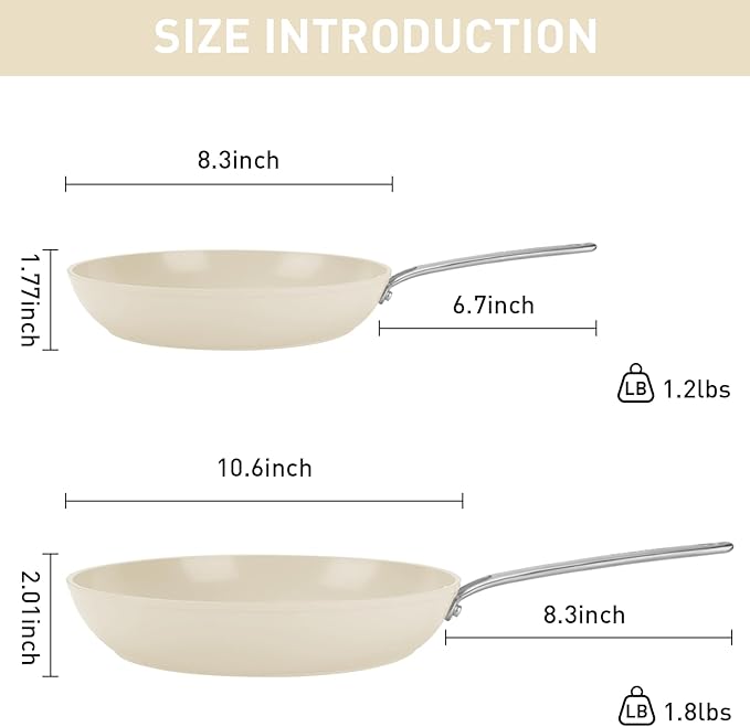 MsMk 8" and 10" Ceramic cookwaer set Non Stick Frying Pans, Nonstick Skillets Sets, PFOA Free Non-Toxic, Scratch-resistant, Oven-Safe, Induction Compatible with All Cooktops