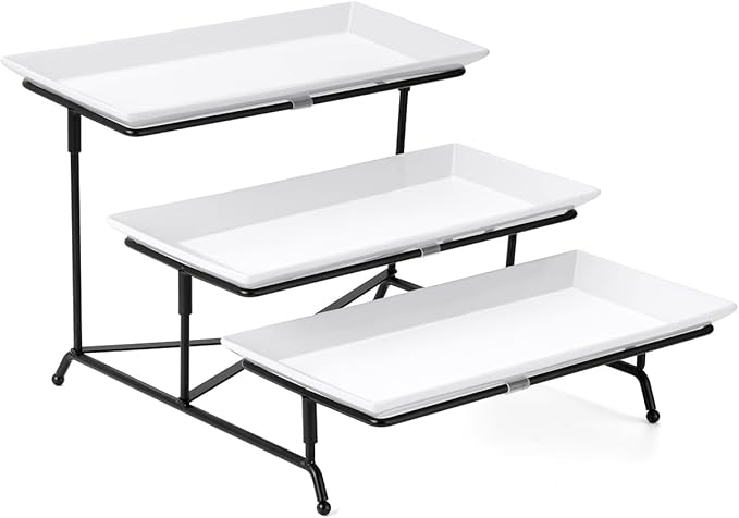 Yedio 3 Tier Serving Trays for Party, Porcelain Serving Platters and Trays, 12 Inch Tiered Tray Stand, Fruit Tray, Trays for Serving Food, White Dessert Stand with Collapsible Sturdier Metal Rack