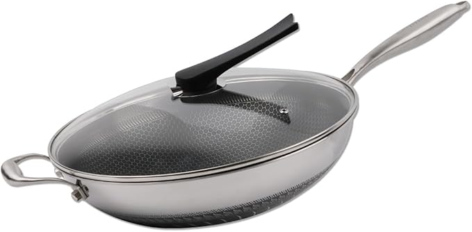 14" Honeycomb Non Stick Wok Pan Stainless Steel Stir-fry Wok with Lid,Skillet with Stay-cool Handle PFOA Free Suitable for Induction, Ceramic, Electric, and Gas Cooktops (Sliver, 14 Inches)