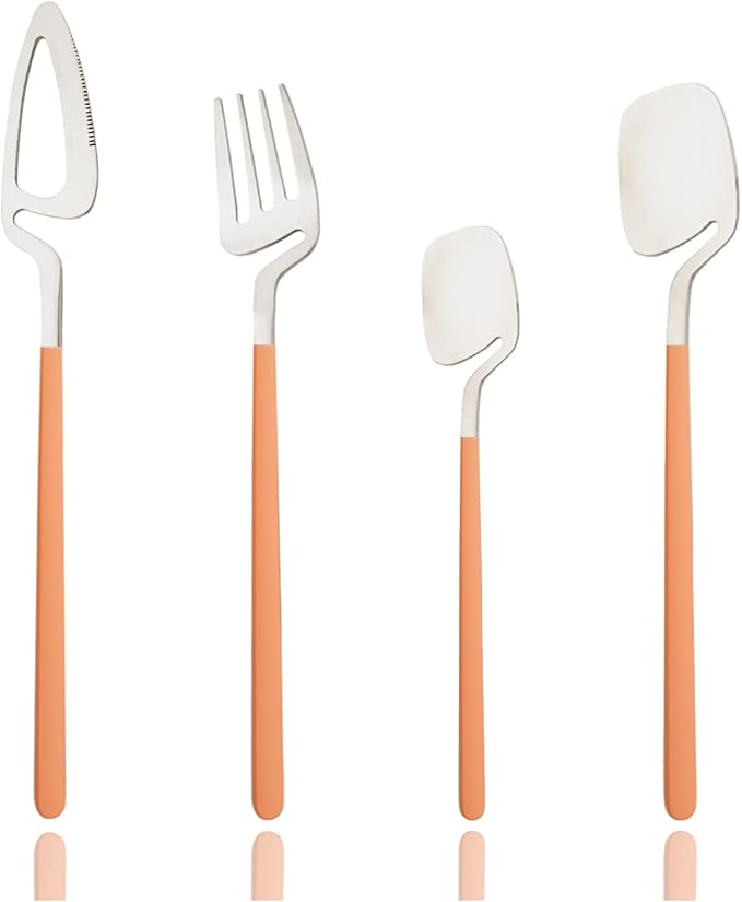 JASHII Hangable 24-Piece Silverware Set, Cute Macaron Color Satin Finish Flatware Cutlery Set Service for 6, Knives/Forks/Spoons Included, Dishwasher Safe (Orange Silver)