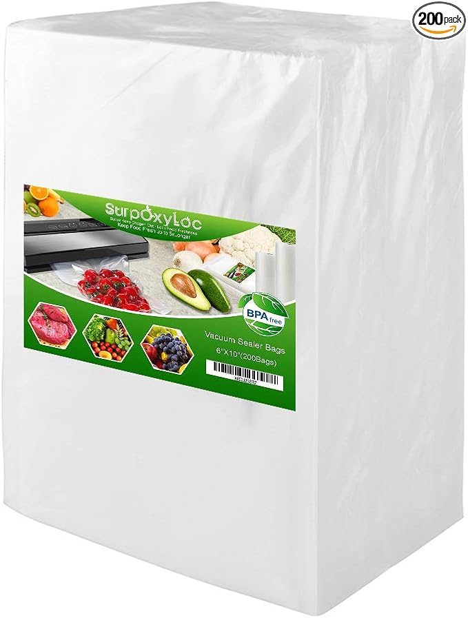 SurpOxyLoc 200 Pint Size 6"x10" Vacuum Freezer Sealer Bags for Food,BPA Free, Heavy Duty Commercial Grade,Sous Vide Vaccume Safe,Universal Design Pre-Cut Bag and Work with Any Types Vacuum Sealer