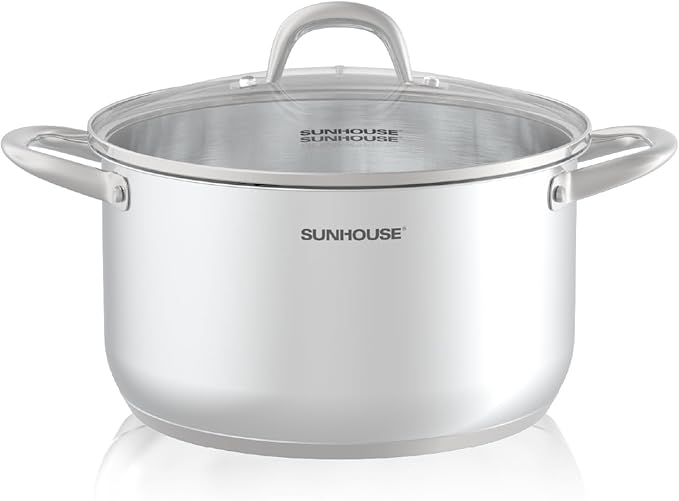 SUNHOUSE 8 Quart Stock Pot with Lid - 3-Ply Bottom Stainless Steel Pasta Cooking Canning Dutch Oven Pot - Induction Compatible for All Stovetops - Dishwasher Safe & Oven Safe
