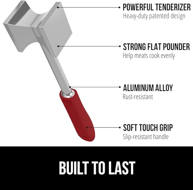 GORILLA GRIP Patented Dual-Sided Meat Tenderizer, Heavy Duty Kitchen Mallet with Soft Handle, Spiked Side Tenderizes and Smooth Flattens, Maximize Food Flavor, Commercial Grade Chicken Pounder, Red