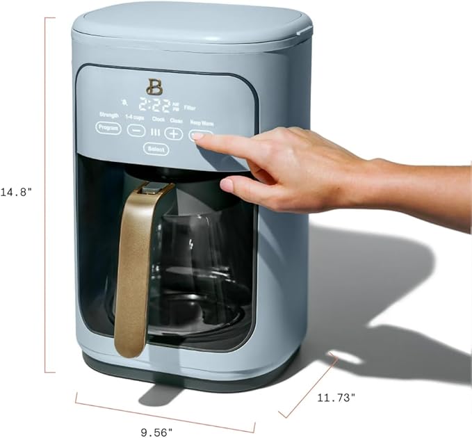 Beautiful by Drew Barrymore 14-Cup Programmable Drip Coffee Maker, Touch-Activated Display, Fast 14-Min Brew, Bold Strength, Keep Warm 4hrs, Gold Filter (Cornflower Blue)