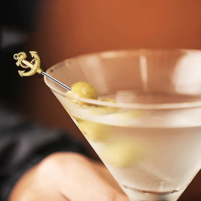 RRRuo Anchor Cocktail Picks Reusable Stainless Steel Cocktail for Appetizer Olives Sandwiches Cherries Garnish Forks Fruit Skewers Toothpicks 8 pieces (Gold)